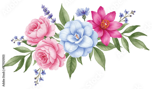 Beautiful Watercolor Floral Arrangement Featuring Pink Roses, Blue Camellia, and Vibrant Pink Flowers with Lush Green Leaves and Delicate Lavender Accents, Perfect for Spring and Summer Decorations.