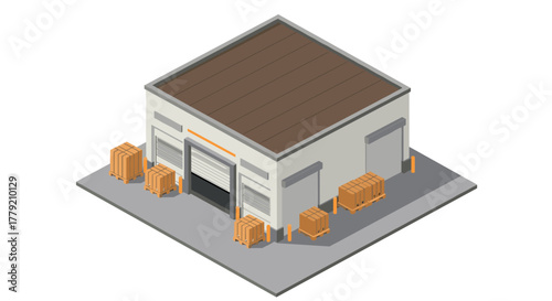 Isometric warehouse with loading docks and pallets on concrete platform