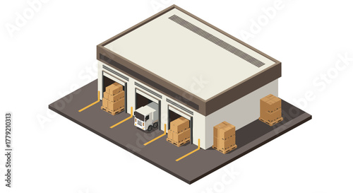Modern warehouse building with loading docks and cargo truck in isometric style