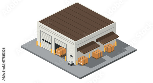 Isometric warehouse building with loading docks and cargo containers