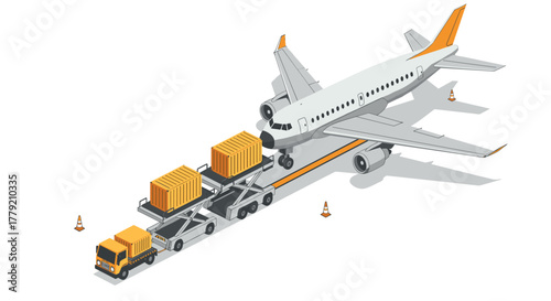 Isometric airplane freight loading with cargo and truck on runway scene