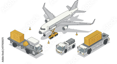 Isometric airport logistics with airplane and cargo vehicles in detailed illustration