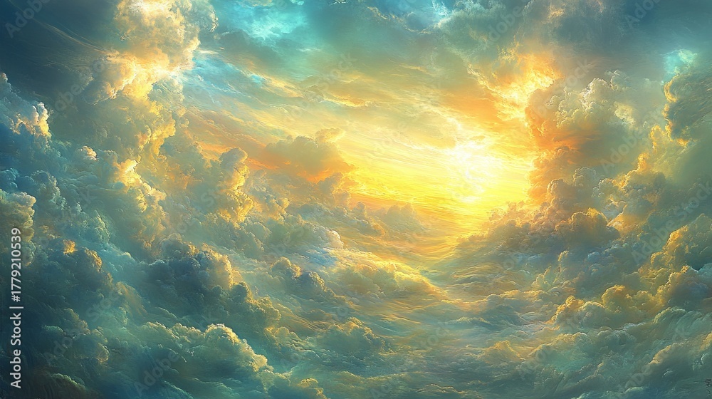 Fototapeta premium Golden light pierces through layers of fluffy clouds forming a heavenly skyscape with varied hues.