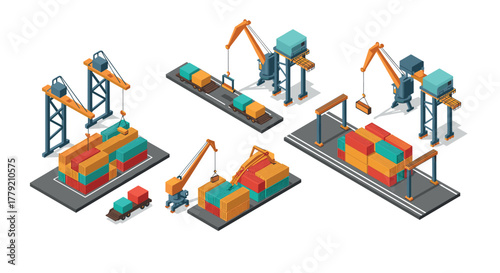 Isometric shipping containers and cranes in modern port facility