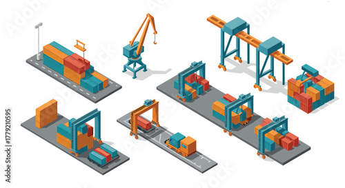Isometric cargo logistics scene with shipping containers and cranes