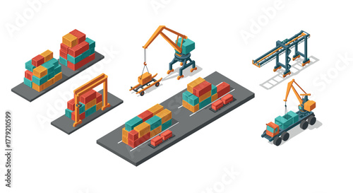 Isometric shipping and logistics equipment in modern industrial design