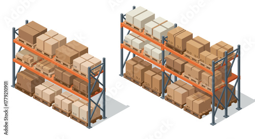 Industrial warehouse shelving with cardboard boxes in isometric style