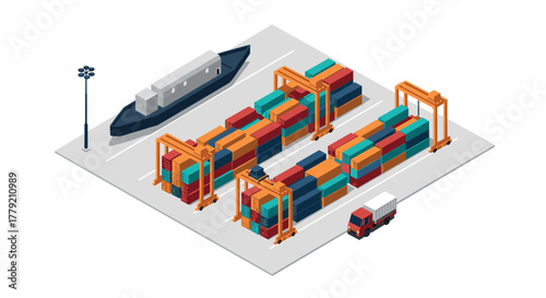 Isometric shipping port with containers and cargo ship