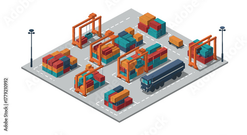 Isometric cargo container yard with cranes and transport truck on a sunny day