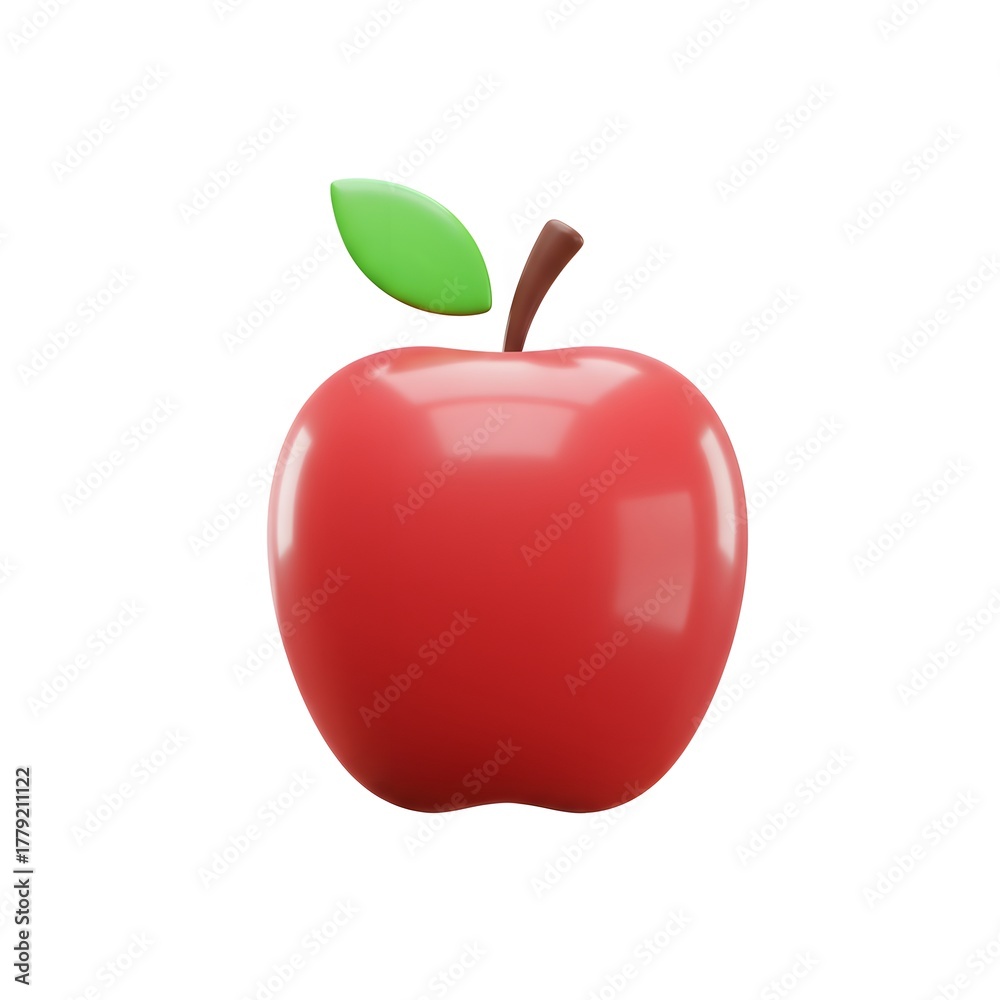 Obraz premium Glossy 3D Red Apple Icon with Leaf and Stem perfect for App icon, website graphic, educational material, UI design,
