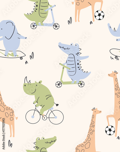 set of funny cartoon animals of hippo, giraffe play with football and alligator elephant on cycle ride pattern 