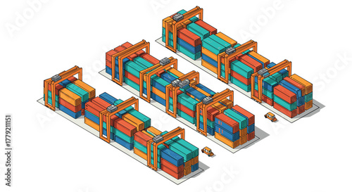 Isometric cargo containers in industrial port with cranes and trucks