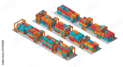 Isometric cargo containers and cranes in a shipping terminal scene