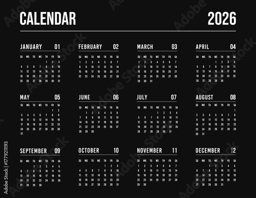 Black 2026 calendar horizontal page template with 12 month. English layout yearly planner week starts on sunday