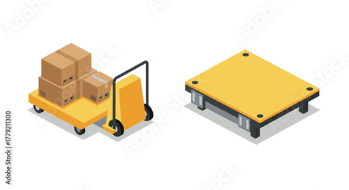 Isometric loading equipment with boxes and platform on white background