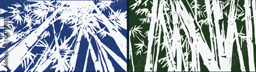 Set of two, hand drawn bamboo forest backgrounds. Features bold white silhouettes with abstract brushstroke textures in deep blue and forest green. Perfect for a jungle or Asian theme.