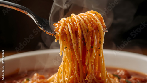 ultra-realistic macro of spaghetti lifted with fork and dripping tomato sauce