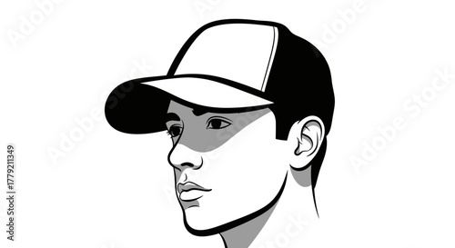Black and white graphic illustration of a young man's face in a baseball cap, with a shadow covering his eyes.