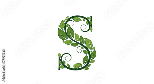 A decorative capital letter S formed by green leaves and swirling vines on a clean white background, symbolizing nature and growth.