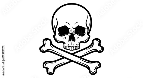 Skull and crossbones, a symbol of danger, death, or piracy, in black and white.