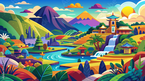 Very beautiful vibrant landscapes showcasing the diverse and colorful natural scenery of Taiwan, with mountains, coastlines, rice fields, and cultural elements in a realistic and vivid atmosphere.