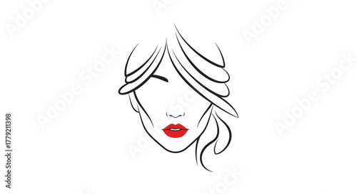 Minimalist line art illustration of a woman's face with elegant hair and bold red lips.