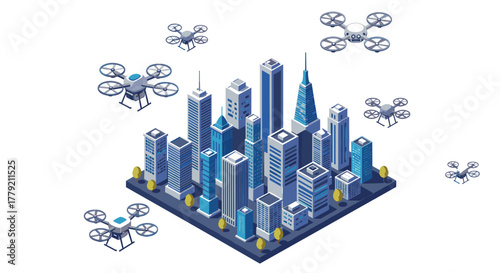 Isometric cityscape with modern drones above skyscrapers in a futuristic urban environment