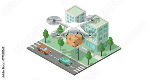 Drone delivery in urban isometric city block with cars and trees