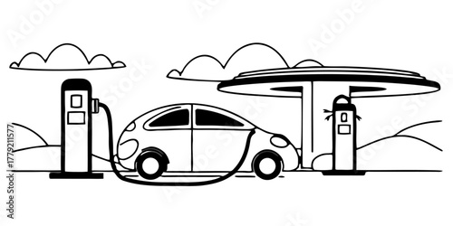 Electric Car Charging at a Modern Station During Sunset — Clean Energy & Sustainability Concept — Background Remove