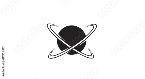 A minimalist black and white logo featuring a central sphere intersected by two curved orbital paths.