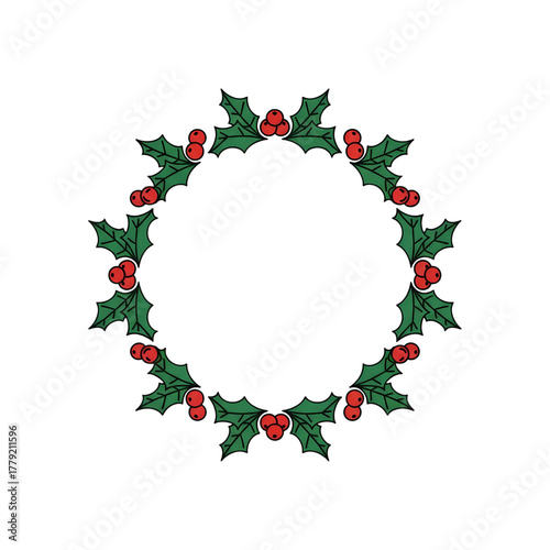 Festive holly wreath with vibrant red berries and green leaves