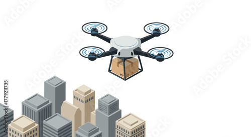 Drone delivery in urban skyline isometric design with package hovering over city buildings