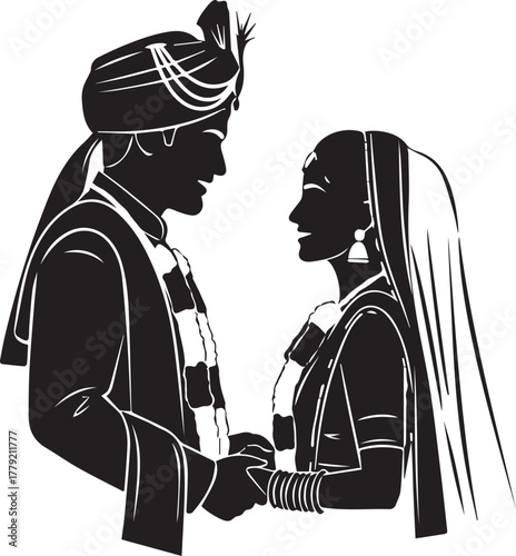 Indian or South Asian wedding couple silhouette vector isolated 