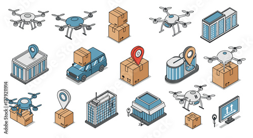Isometric drone delivery and logistics with building and location icons