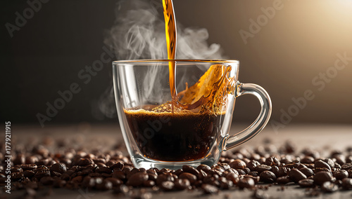 ultra-realistic espresso pour into glass cup with steam and golden crema, cinematic coffee photography