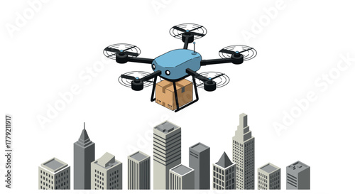 Drone delivery over cityscape with package in isometric design