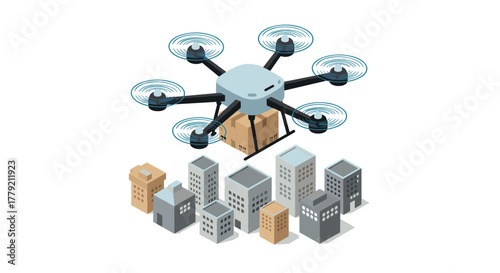 Drone delivery hovering over cityscape in isometric design