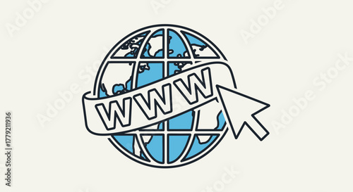 Illustration of a globe with the text WWW and a cursor pointing to it, symbolizing internet access and global connectivity.
