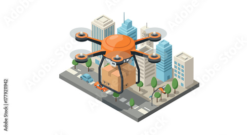 Isometric drone delivery in cityscape with skyscrapers and vehicles