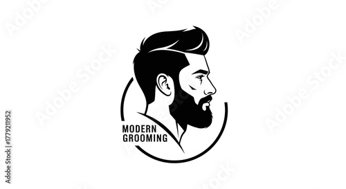 Black and white logo featuring a stylish man's profile with a modern haircut and well-groomed beard, enclosed in a circle with 'MODERN GROOMING' text.