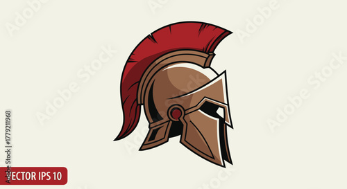 A detailed illustration of a classic Spartan helmet with a red plume and bronze armor.