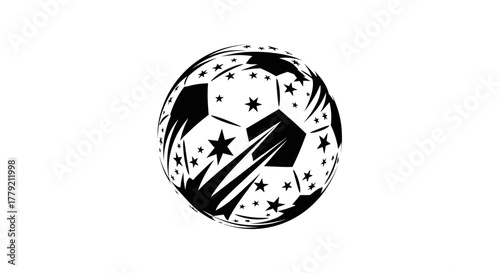 A black and white graphic illustration of a soccer ball with stars and motion streaks.