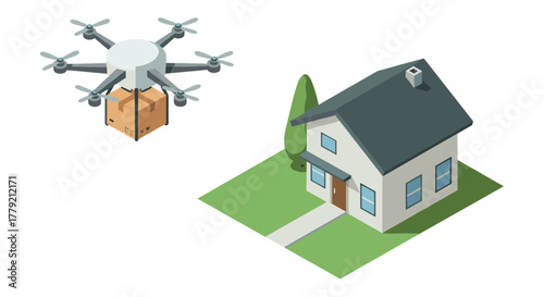 Isometric drone delivery to suburban home futuristic logistics and modern technology