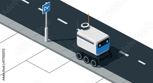 Autonomous delivery robot on suburban street in modern isometric style