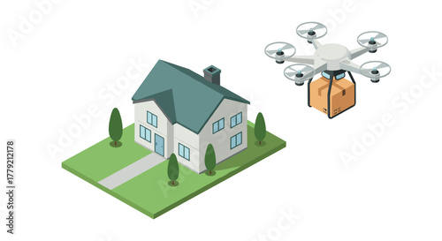 Isometric drone delivering package to modern house with green lawn