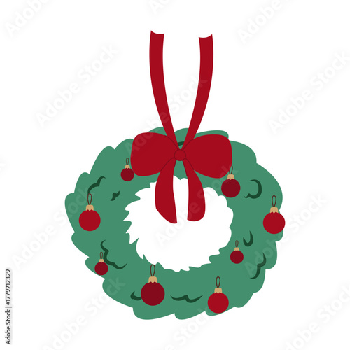 A New Year's wreath decorated with Christmas baubles and a red bow on a white background. A Christmas wreath made of spruce and pine branches. A round frame of pine branches with Christmas decorations