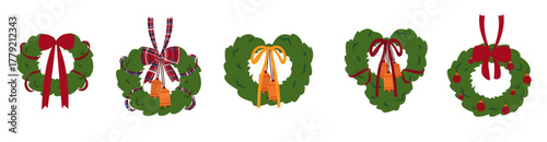 A set of Christmas wreaths. Vector round frames with fir and pine trees. A Christmas wreath frame. Fir branches with Christmas decorations, ribbons, bows, holly berries, baubles, and bells