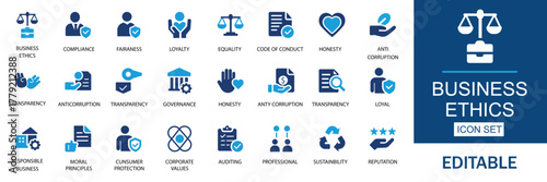 Business ethics icon set with compliance, fairness, integrity, loyalty, trust, equality, code of conduct, honesty, anti corruption, transparency. Solid vector illustration icons for corporate use.