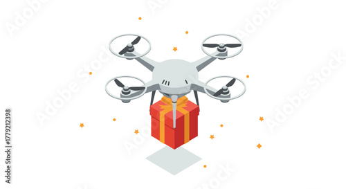 Isometric drone delivering gift box surrounded by floating stars