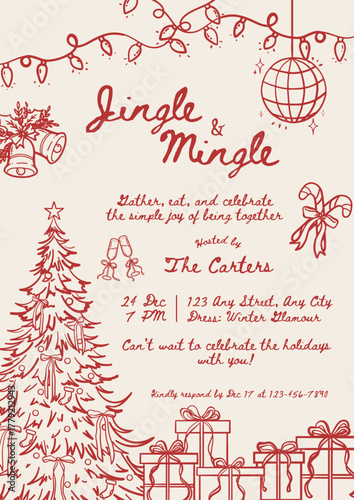 Christmas party invitation with hand-drawn objects. Vector illustration Christmas party invitation template.